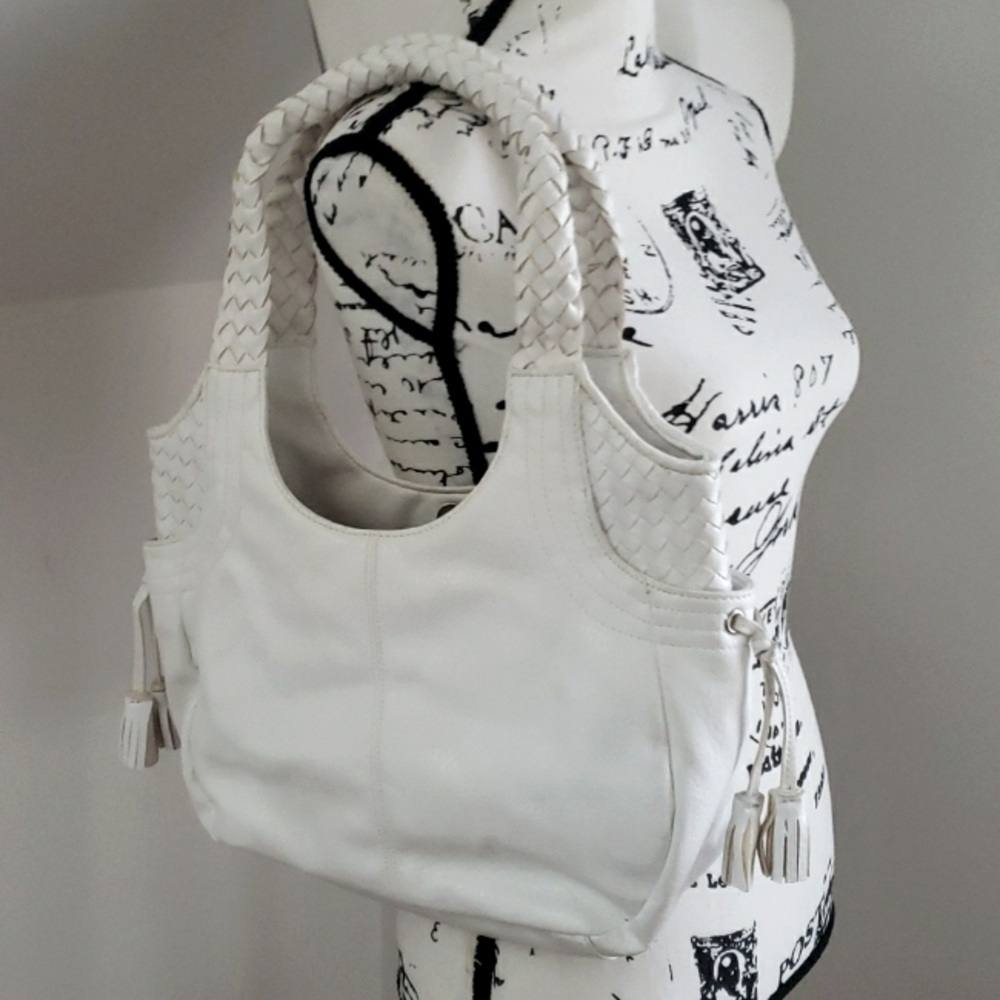 Bueno White Faux Pebble Leathet Braided Slouchy Shoulder Bag